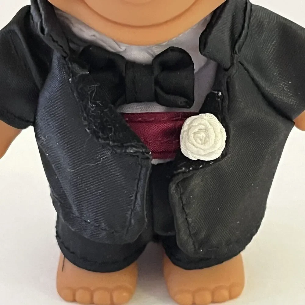 Vintage Russ Troll Doll Groom Yellow Hair Glass Brown Eyes Black Tuxedo Burdundy